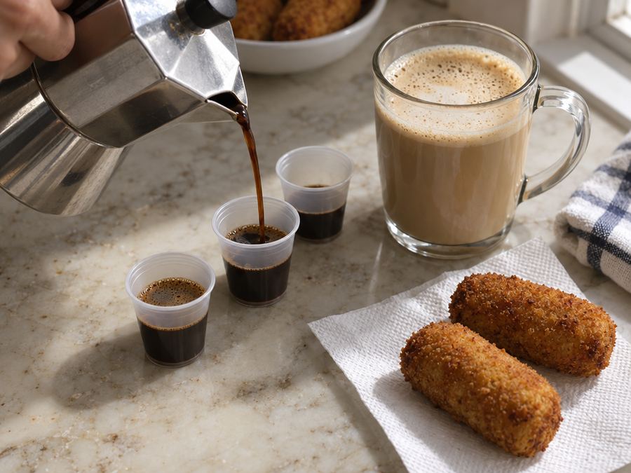 Cuban coffee poured into small cups beside croquetas and a café con leche
