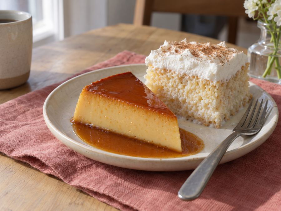 A slice of flan and a slice of tres leches on cream plates