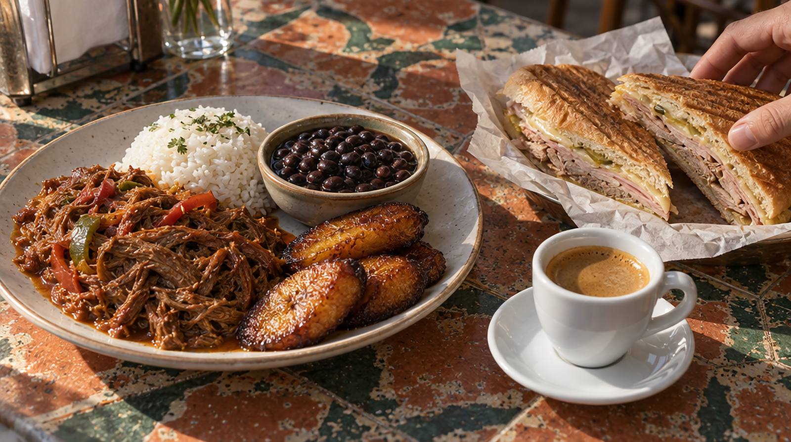 Ropa vieja with rice, black beans and maduros, a pressed Cubano and a cafecito on a patterned tile table