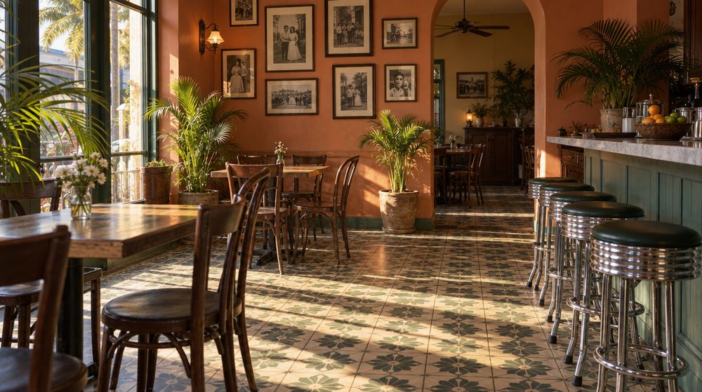 The dining room: terracotta walls, green-and-cream tile floor, a long counter with stools